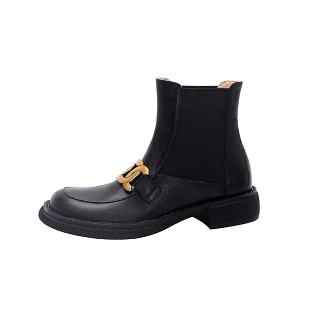 Women Ankle Boots Genuine Leather Chunky Heels Pumps