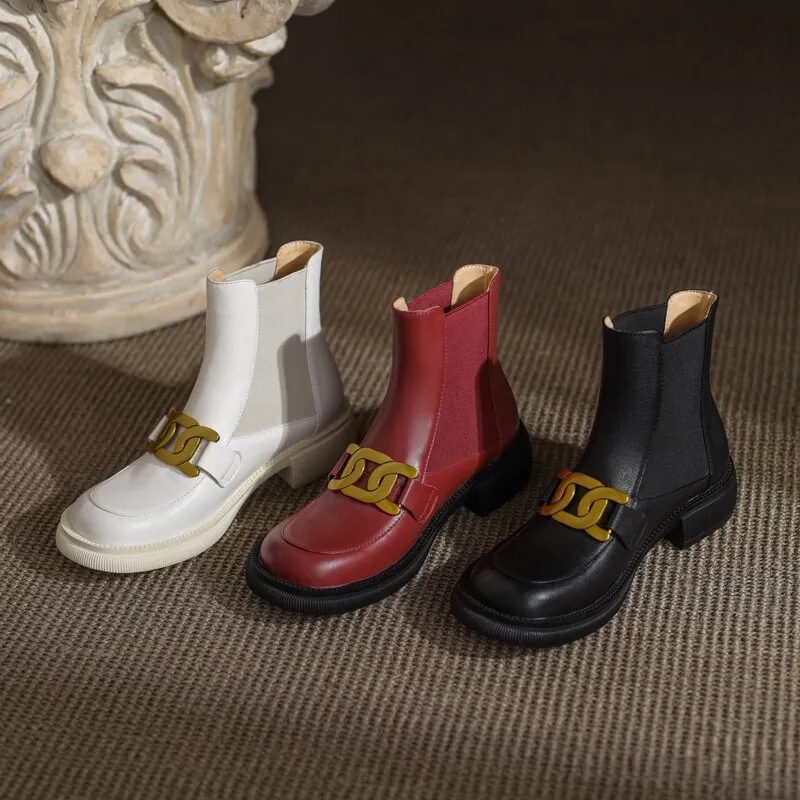 Women Ankle Boots Genuine Leather Chunky Heels Pumps
