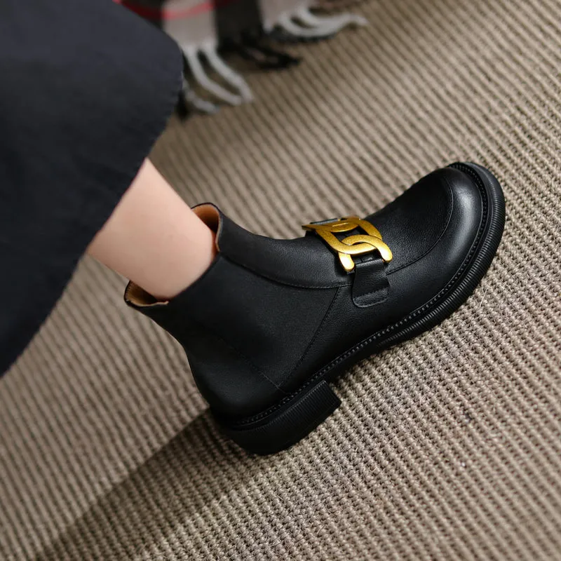 Women Ankle Boots Genuine Leather Chunky Heels Pumps