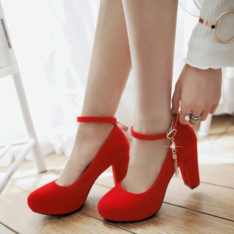 Women Shallow Ankle Strap Tassel Block Chunky Heel Pumps