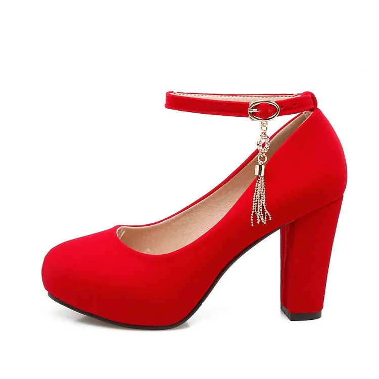 Women Shallow Ankle Strap Tassel Block Chunky Heel Pumps