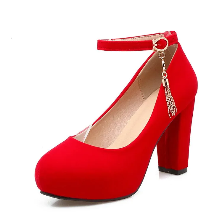 Women Shallow Ankle Strap Tassel Block Chunky Heel Pumps