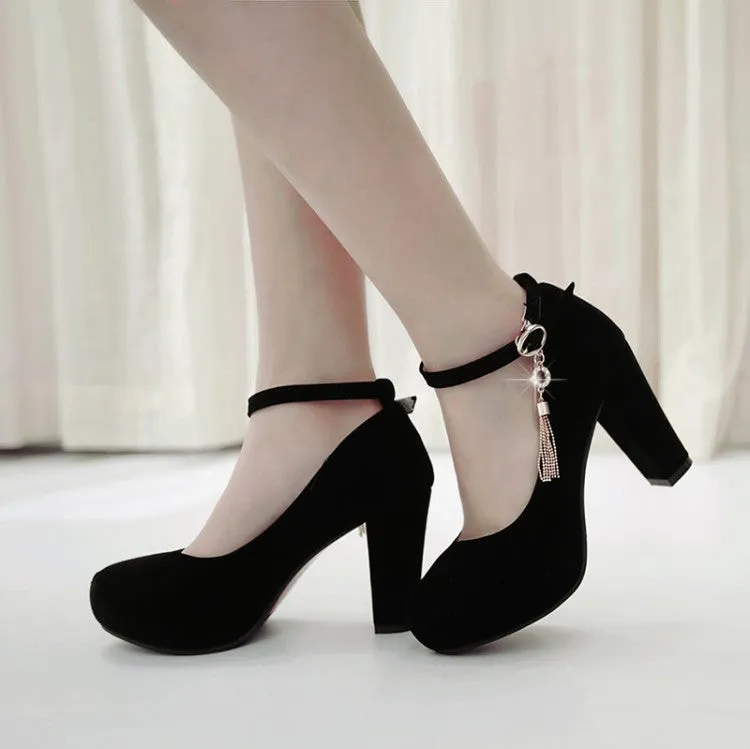 Women Shallow Ankle Strap Tassel Block Chunky Heel Pumps