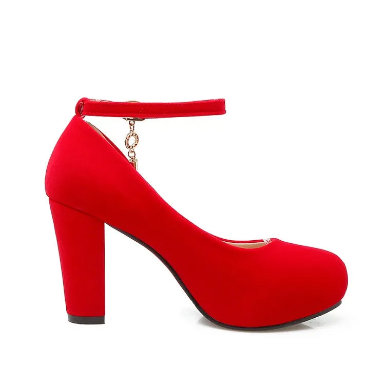 Women Shallow Ankle Strap Tassel Block Chunky Heel Pumps