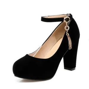 Women Shallow Ankle Strap Tassel Block Chunky Heel Pumps