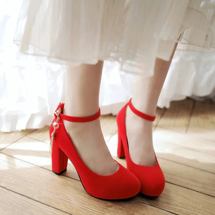 Women Shallow Ankle Strap Tassel Block Chunky Heel Pumps
