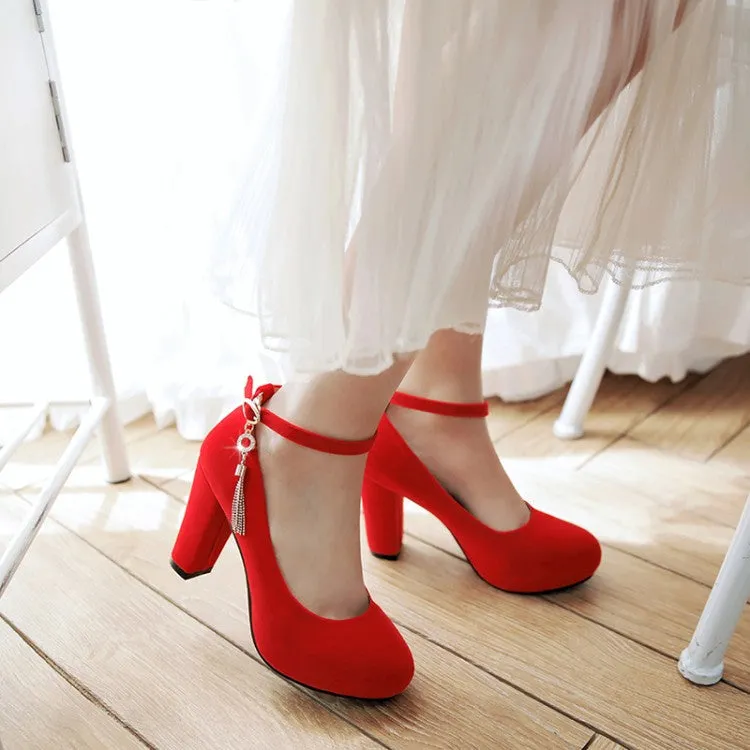 Women Shallow Ankle Strap Tassel Block Chunky Heel Pumps