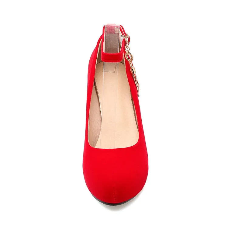 Women Shallow Ankle Strap Tassel Block Chunky Heel Pumps