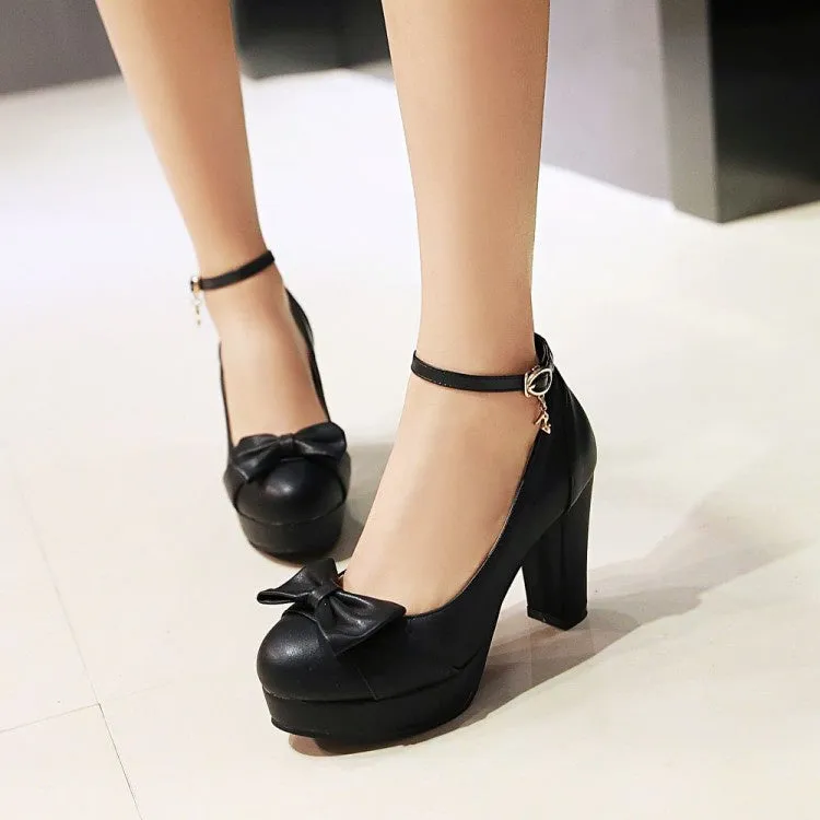 Women's Ankle Strap Bowtie Chunky Heel Platform Pumps