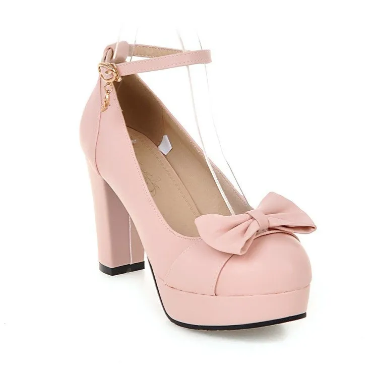 Women's Ankle Strap Bowtie Chunky Heel Platform Pumps