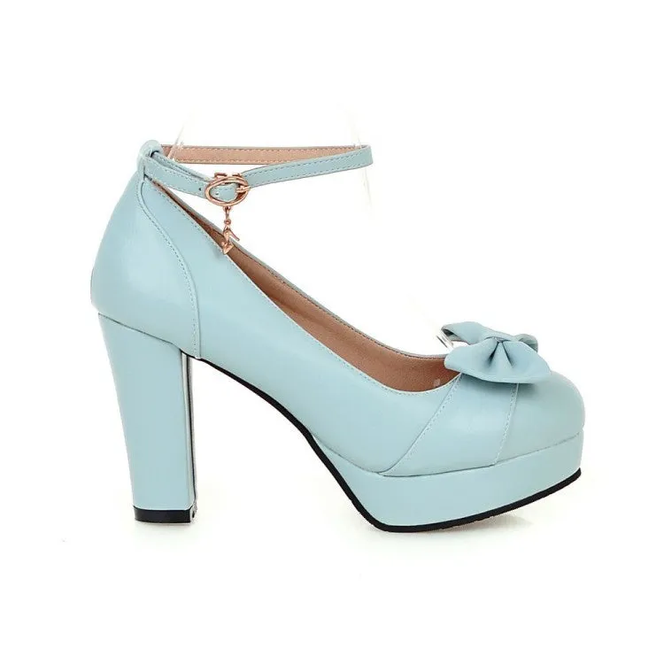 Women's Ankle Strap Bowtie Chunky Heel Platform Pumps