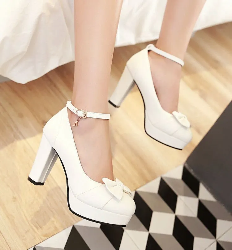Women's Ankle Strap Bowtie Chunky Heel Platform Pumps