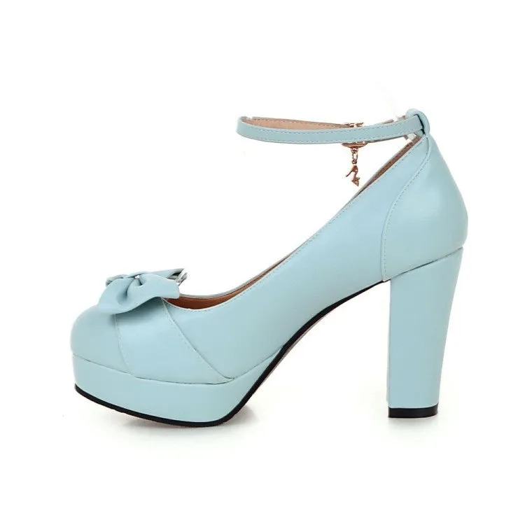 Women's Ankle Strap Bowtie Chunky Heel Platform Pumps
