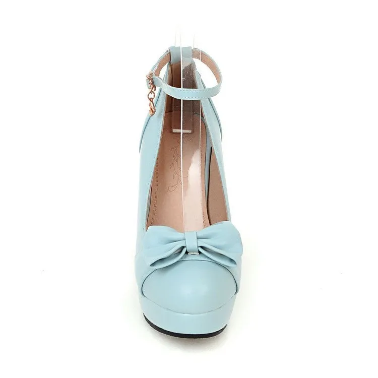 Women's Ankle Strap Bowtie Chunky Heel Platform Pumps