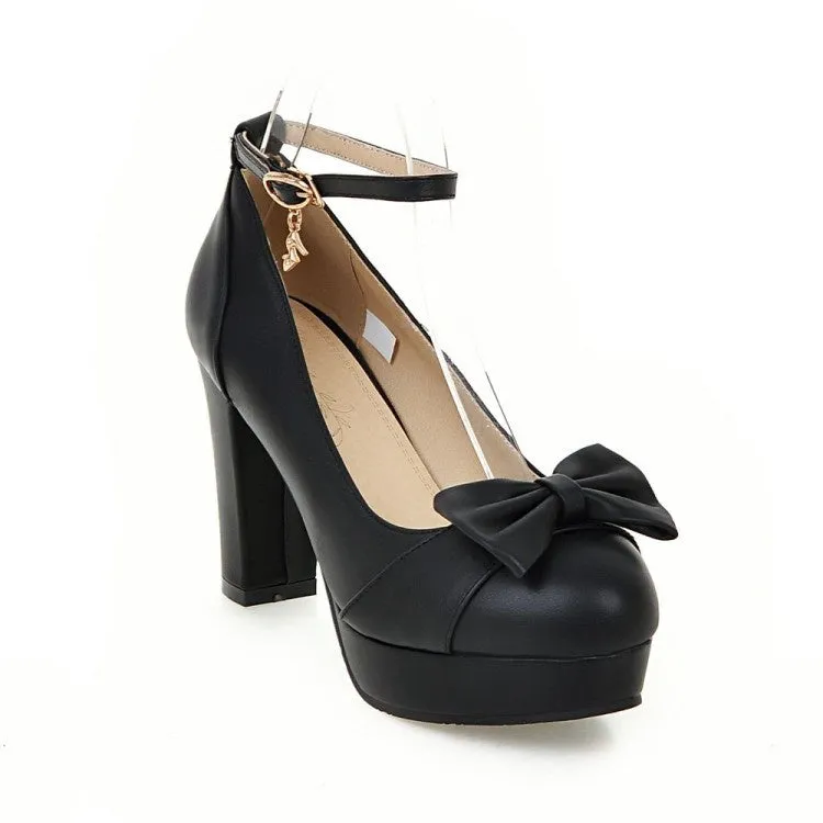 Women's Ankle Strap Bowtie Chunky Heel Platform Pumps