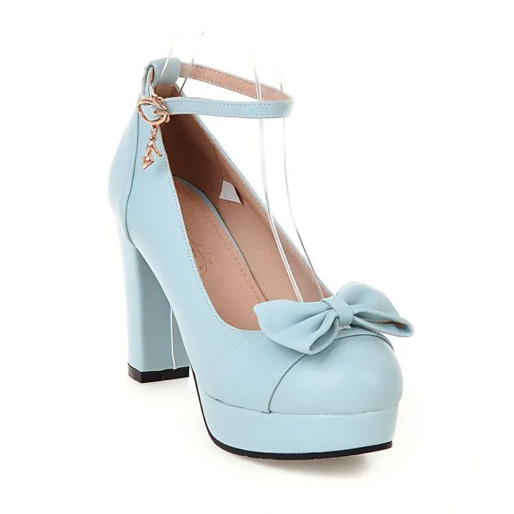 Women's Ankle Strap Bowtie Chunky Heel Platform Pumps