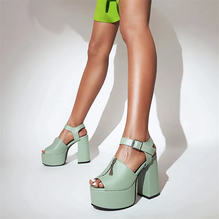 Women's Candy Color Zipper Thick Sole Block Heel Platform Sandals