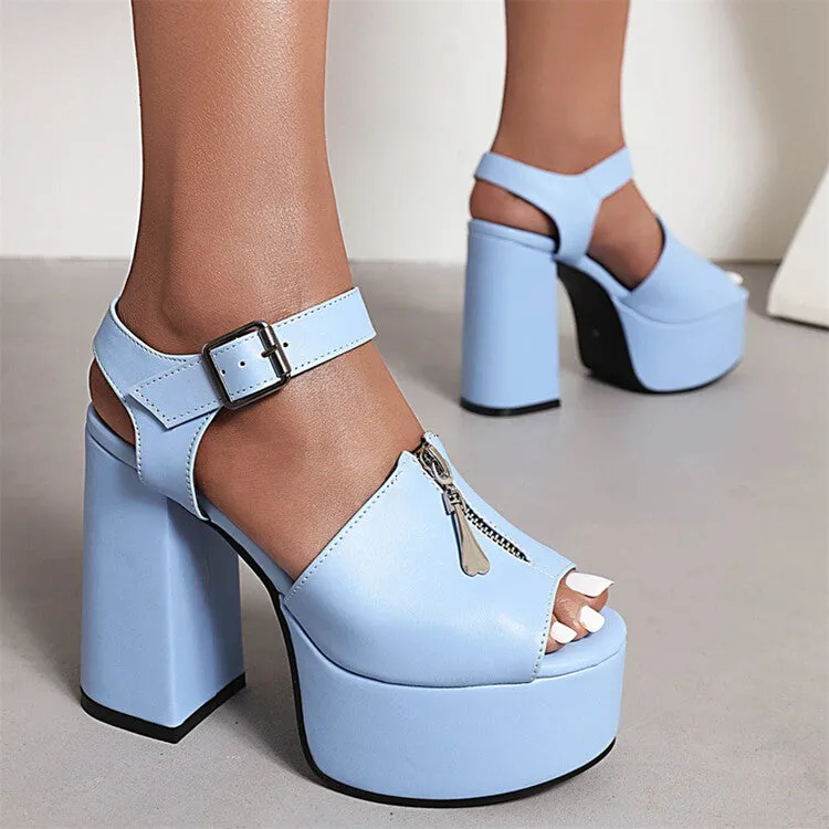 Women's Candy Color Zipper Thick Sole Block Heel Platform Sandals