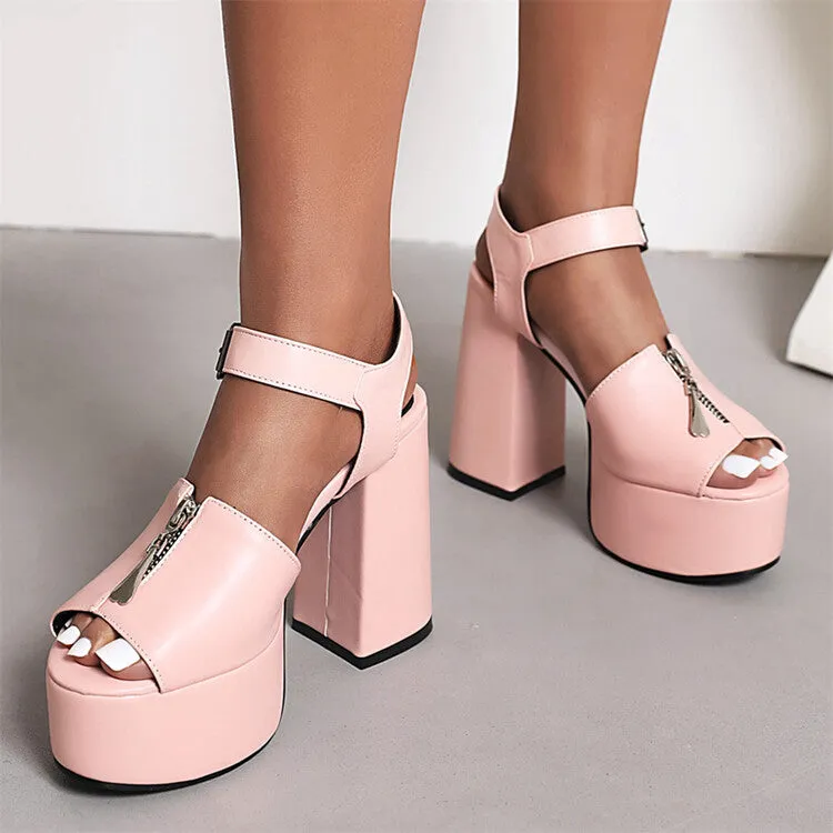 Women's Candy Color Zipper Thick Sole Block Heel Platform Sandals