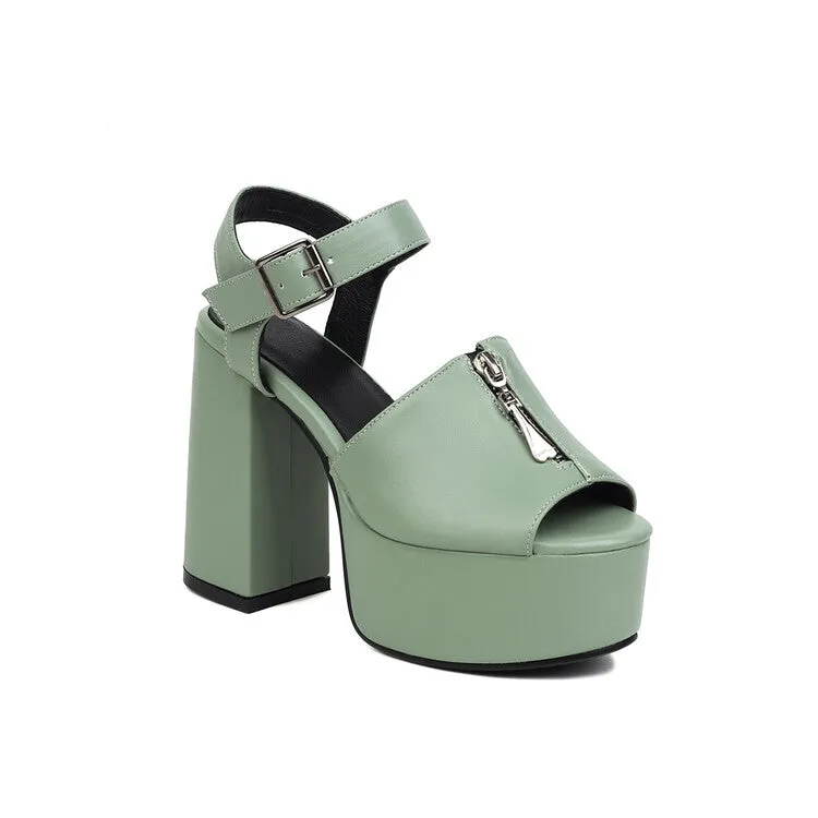 Women's Candy Color Zipper Thick Sole Block Heel Platform Sandals