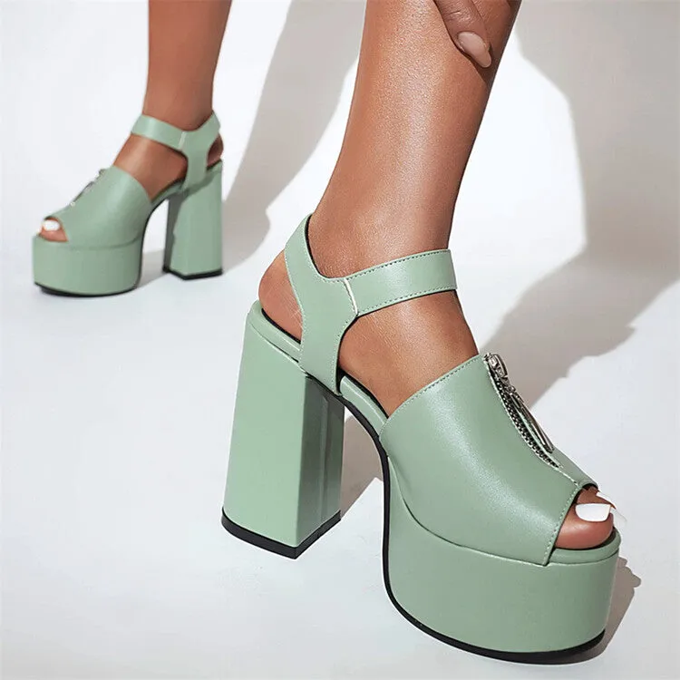 Women's Candy Color Zipper Thick Sole Block Heel Platform Sandals