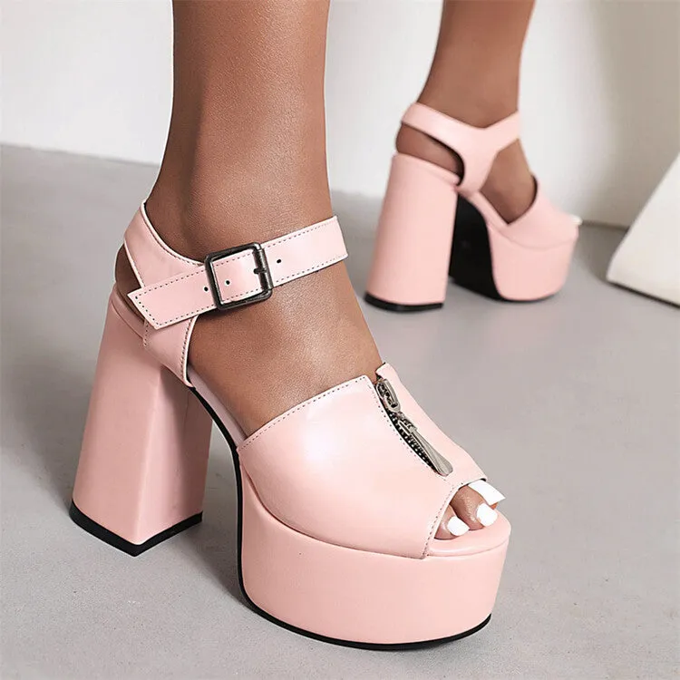 Women's Candy Color Zipper Thick Sole Block Heel Platform Sandals