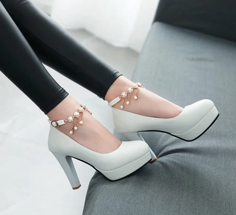Women's Pearl Chunky Heel Platform Pumps