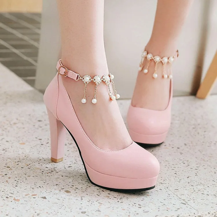 Women's Pearl Chunky Heel Platform Pumps