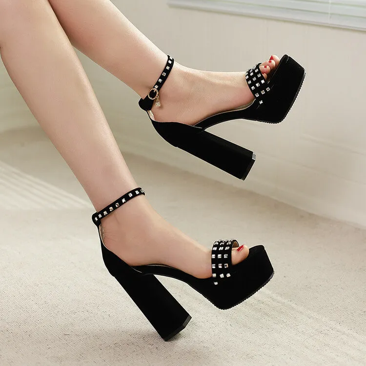 Women's Rhinestone Ankle Strap Chunky Heel Platform Sandals