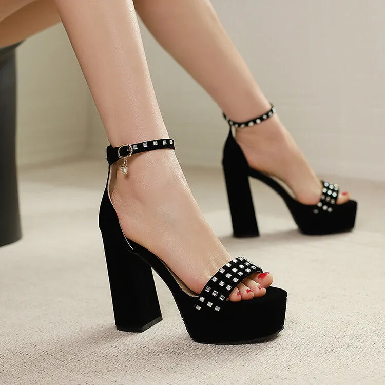 Women's Rhinestone Ankle Strap Chunky Heel Platform Sandals