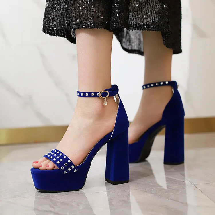 Women's Rhinestone Ankle Strap Chunky Heel Platform Sandals
