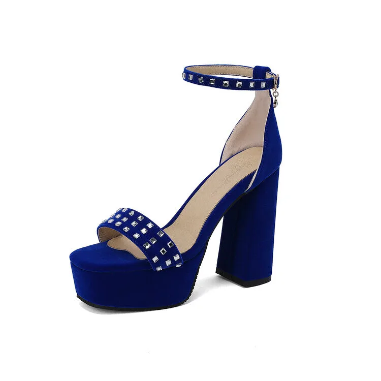 Women's Rhinestone Ankle Strap Chunky Heel Platform Sandals