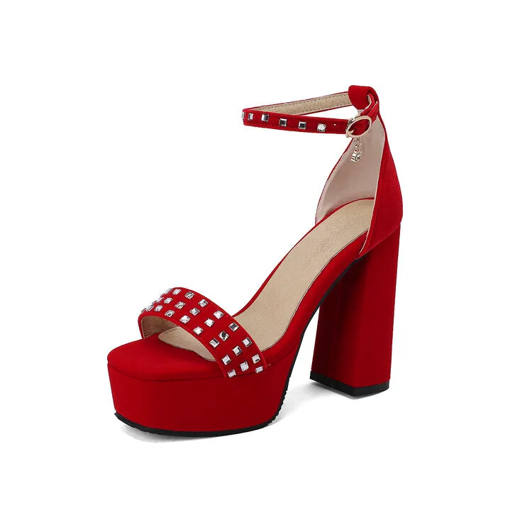 Women's Rhinestone Ankle Strap Chunky Heel Platform Sandals