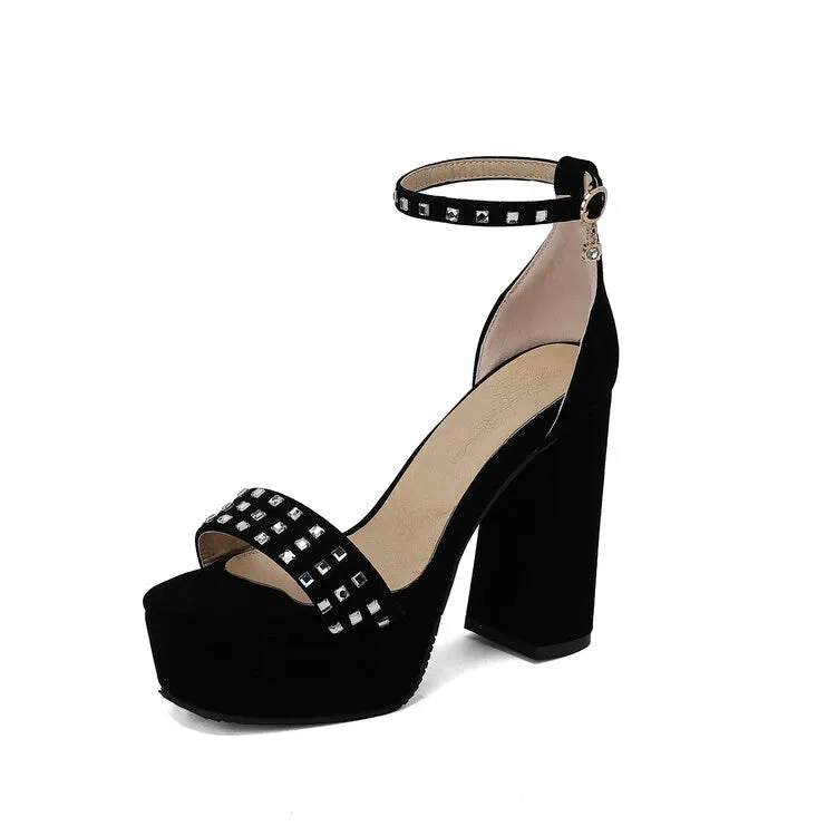Women's Rhinestone Ankle Strap Chunky Heel Platform Sandals