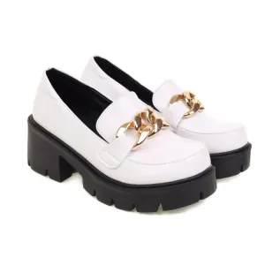 Women's Round Toe Metal Chains Shallow Block Chunky Heel Platform Loafers
