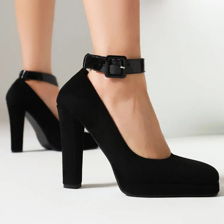 Women's Shallow Buckles Ankle Strap Chunky Heel Pumps