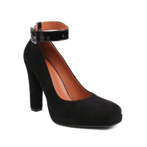 Women's Shallow Buckles Ankle Strap Chunky Heel Pumps