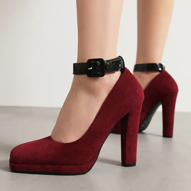 Women's Shallow Buckles Ankle Strap Chunky Heel Pumps
