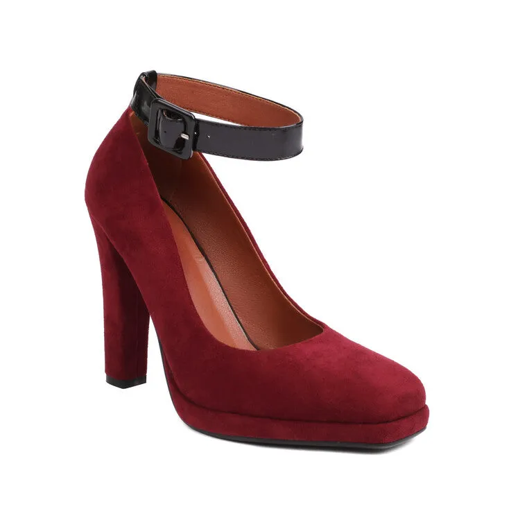 Women's Shallow Buckles Ankle Strap Chunky Heel Pumps