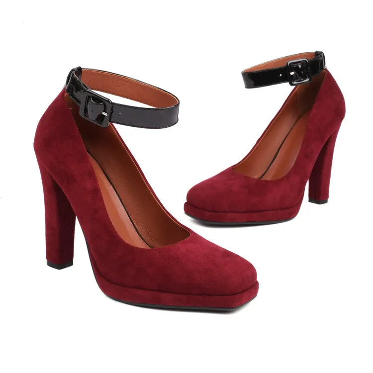 Women's Shallow Buckles Ankle Strap Chunky Heel Pumps