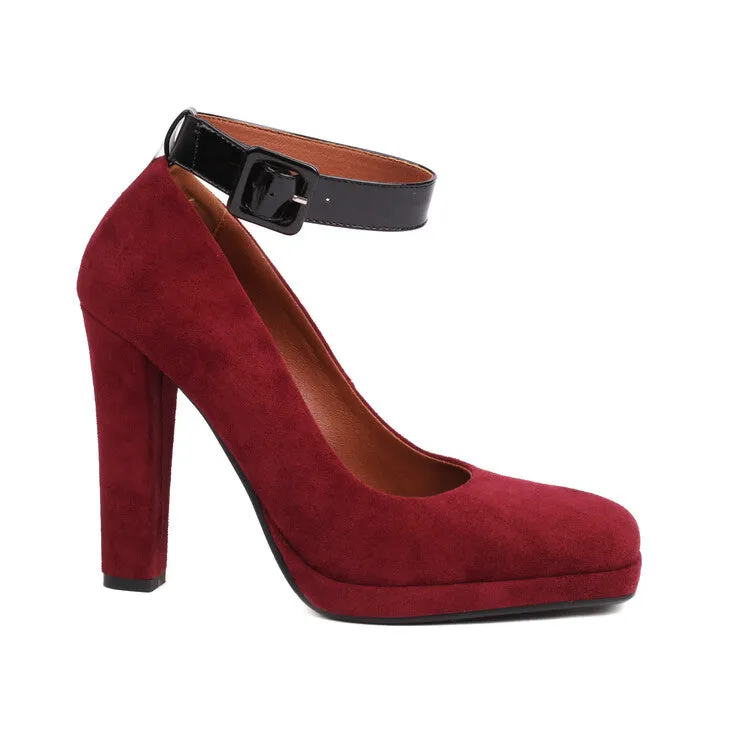 Women's Shallow Buckles Ankle Strap Chunky Heel Pumps