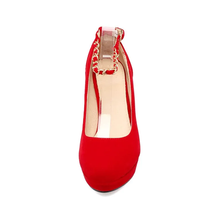 Women's  Suede Round Toe Metal Chains Chunky Heel Platform Pumps