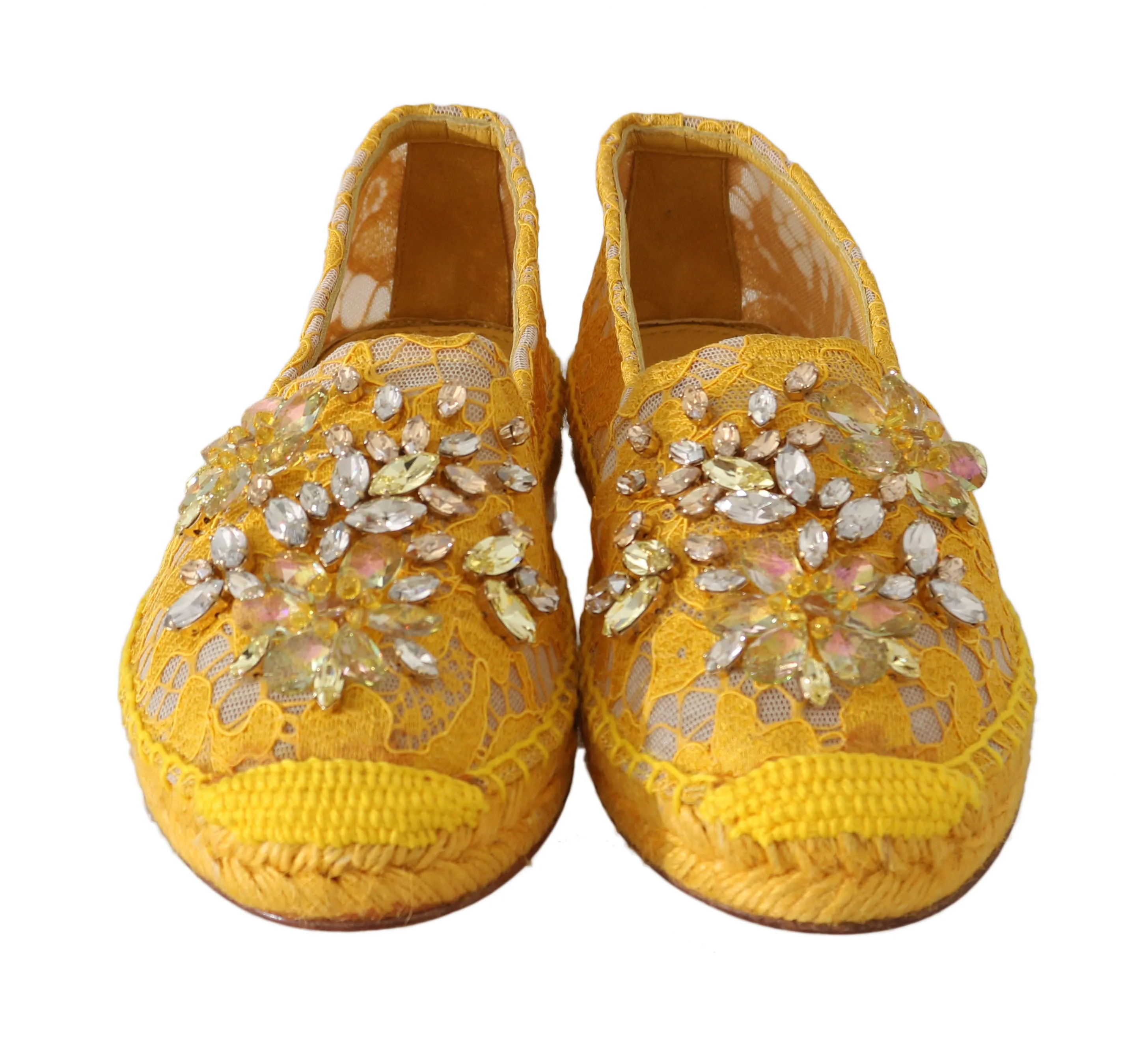 Yellow Lace Leather Crystal Espadrille