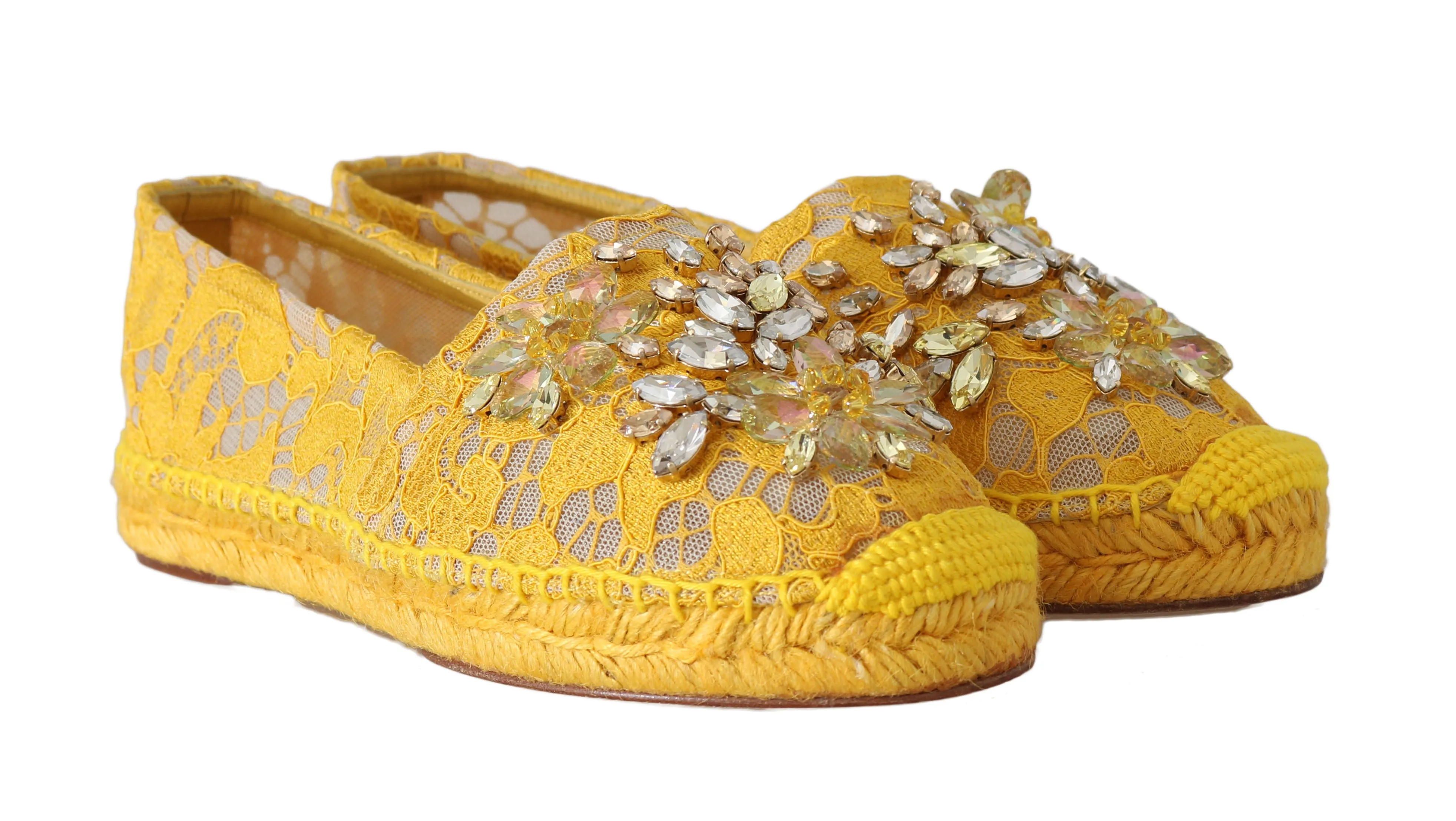 Yellow Lace Leather Crystal Espadrille
