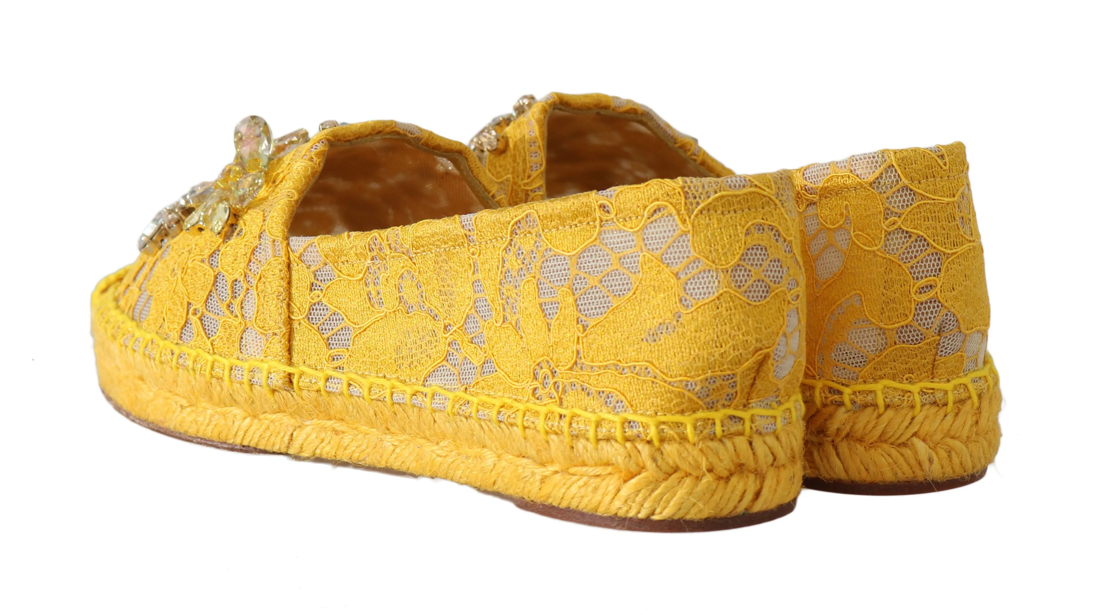 Yellow Lace Leather Crystal Espadrille