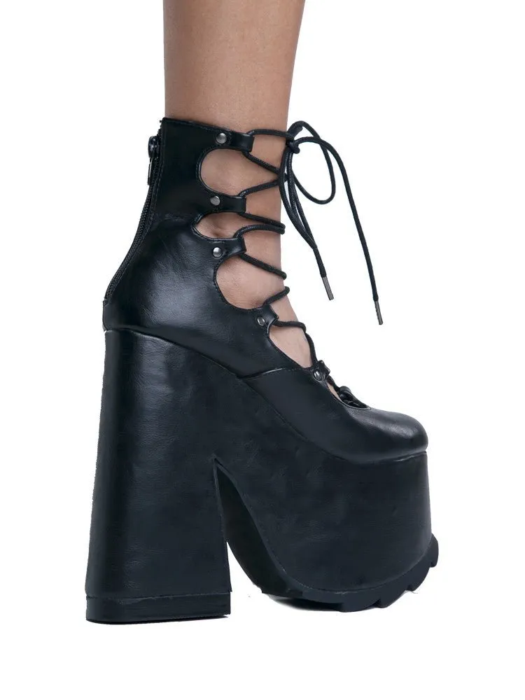 YRU Lucid Black Lace Up Chunky Platform Shoes